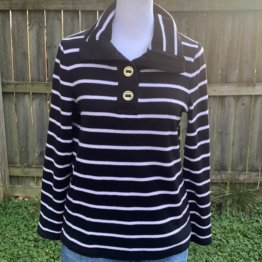 Ralph Lauren Black & White Striped Pullover Sweater with Gold Buttons